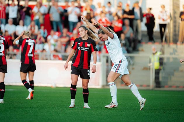 14.09.26, Women, Football, Google Pixel Frauen Bundesliga, Season 2026 2027, Bayer 04 Leverkusen - FC Bayern München, Matchday 4 Goal celebration by Vanessa Gilles ( 2 - FC Bayern München) for the 1:1 Leverkusen Ulrich-Haberland-Stadion NRW Deutschland