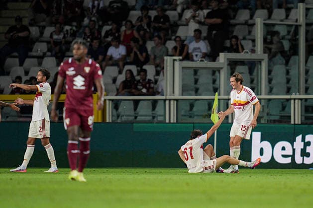 RomaÕs Niccolo Pisilli celebrates after scoring goal for his team during the Serie A soccer match between Torino and Roma at the Stadio Olimpico Grande Torino in Turin, north west Italy - Sunday, September 14, 2026. - Soccer .  Copyright: xMarcoxAlpozzi LaPressex