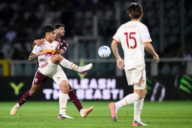 Torino FC v AS Roma - Serie A Santiago Castro of AS Roma comeptes for the ball with Saul Coco of Torino FC during the Serie A football match between Torino FC and AS Roma. Turin Italy Copyright: xNicolòxCampox