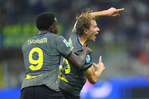 Inter Milan™s Nicolo Barella celebrates after scoring 2-2 during the Serie A soccer match between Fc Inter and Udinese the San Siro Stadium in Milan, north Italy - September 14 , 2026. - Soccer  Copyright: xSpada LaPressex
