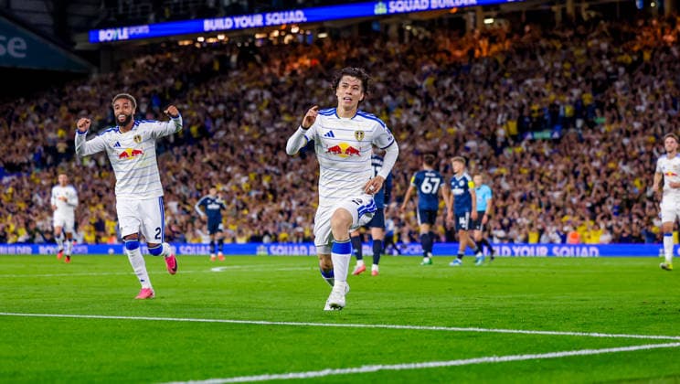Leeds United v Newcastle United, Premier League GOAL 1-0 Leeds United midfielder Ao Tanaka (22) scores a goal and celebrates to make the score 1-0 during the Premier League match between Leeds United and Newcastle United at Elland Road, Leeds, UK on 14 September 2026. Editorial use only DataCo restrictions apply See www.football-dataco.com , Copyright: xSimonxDaviesx PSI-24881-0074