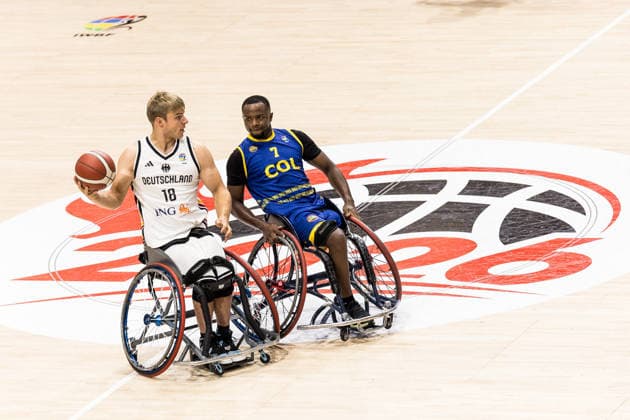 OTTAWA, CANADA - SEPTEMBER 14: Julian Lammering (Germany, 18) controls the ball against Luis Angulo (Colombia, 7) during the Ottawa IWBF Wheelchair Basketball World Championships match between Germany vs. Colombia at Arena at TD Place on matchday 6 of the Ottawa IWBF Wheelchair Basketball World Championships on September 14, 2026 in Ottawa, Canada. Canada Copyright: xSteffiexWunderlx