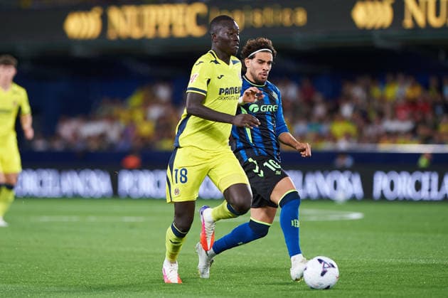 Pape Gueye (Villarreal CF) and Ez Abde (Real Betis) during the LaLiga EA Sports match between Villarreal CF and Real Betis Balompie at Estadio de la Ceramica on September 14, 2026 in Villarreal, Spain. -