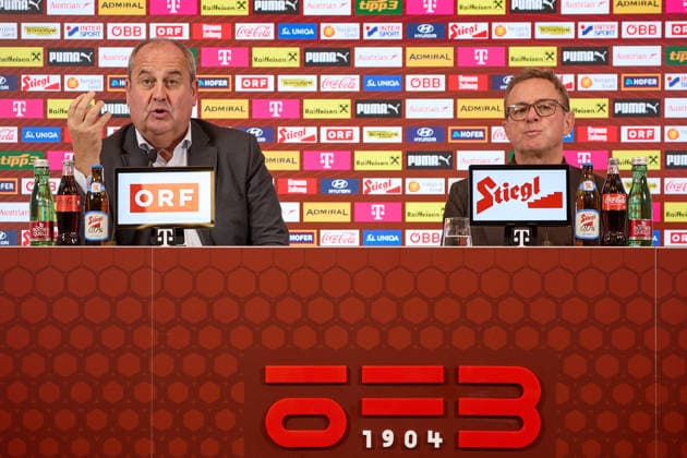 - Wien 14.09.2026 - PK ÖFB - Heute am Nachmittag fand in der Geschäftsstelle des Österreichischer Fusball-Bund im Rahmen einer Pressekonferenz die Präsentation des Kaders der Männer-Nationalmannschaft für die anstehende Nations League statt . PHOTO: Vorstandsvorsitzender und ÖFB-Präsident Josef Pröll (L) und Nationaltrainer Ralf Rangnick während der PK . Vienna (AUSTRIA) - This afternoon, the squad for the men’s national team, Nationalteam for the upcoming Nations League was announced at a press conference, PK, Pressekonferenz held at the Austrian Football Association’s headquarters. OeFB, Fußballbund, Fußball, Bilanz WM USA, Europameisterschaft, Proell, Proll, ÖFB PK Kadervorstellung