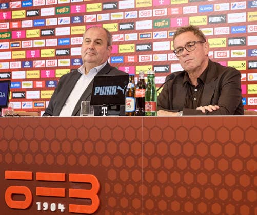 - Wien 14.09.2026 - PK ÖFB - Heute am Nachmittag fand in der Geschäftsstelle des Österreichischer Fusball-Bund im Rahmen einer Pressekonferenz die Präsentation des Kaders der Männer-Nationalmannschaft für die anstehende Nations League statt . PHOTO: Vorstandsvorsitzender und ÖFB-Präsident Josef Pröll (L) und Nationaltrainer Ralf Rangnick während der PK . Vienna (AUSTRIA) - This afternoon, the squad for the men’s national team, Nationalteam for the upcoming Nations League was announced at a press conference, PK, Pressekonferenz held at the Austrian Football Association’s headquarters. OeFB, Fußballbund, Fußball, Bilanz WM USA, Europameisterschaft, Proell, Proll, ÖFB PK Kadervorstellung