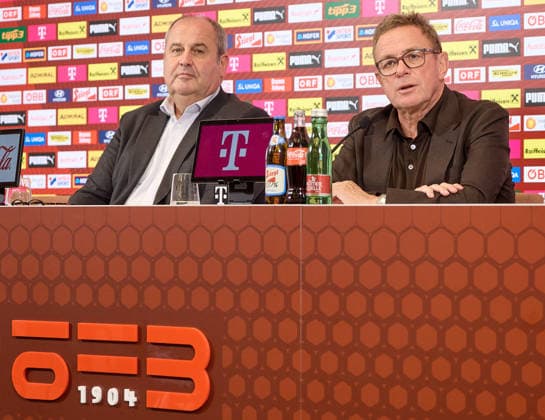 - Wien 14.09.2026 - PK ÖFB - Heute am Nachmittag fand in der Geschäftsstelle des Österreichischer Fusball-Bund im Rahmen einer Pressekonferenz die Präsentation des Kaders der Männer-Nationalmannschaft für die anstehende Nations League statt . PHOTO: Vorstandsvorsitzender und ÖFB-Präsident Josef Pröll (L) und Nationaltrainer Ralf Rangnick während der PK . Vienna (AUSTRIA) - This afternoon, the squad for the men’s national team, Nationalteam for the upcoming Nations League was announced at a press conference, PK, Pressekonferenz held at the Austrian Football Association’s headquarters. OeFB, Fußballbund, Fußball, Bilanz WM USA, Europameisterschaft, Proell, Proll, ÖFB PK Kadervorstellung