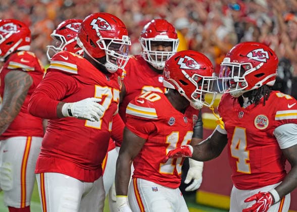 Kansas City Chiefs wide receiver Rashee Rice (4) celebrates his touchdown reception in the 2nd quarter on Monday Night Football at Arrowhead Stadium in Kansas City, Missouri on Monday September 14, 2026.  KCP2026091416 JONxROBICHAUD