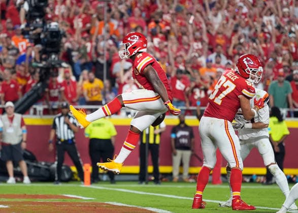 Kansas City Chiefs running back Kenneth Walker III (9) leaps across the goal line for a touchdown against the Broncos on Monday Night Football at Arrowhead Stadium in Kansas City, Missouri on Monday September 14, 2026.  KCP2026091420 JONxROBICHAUD