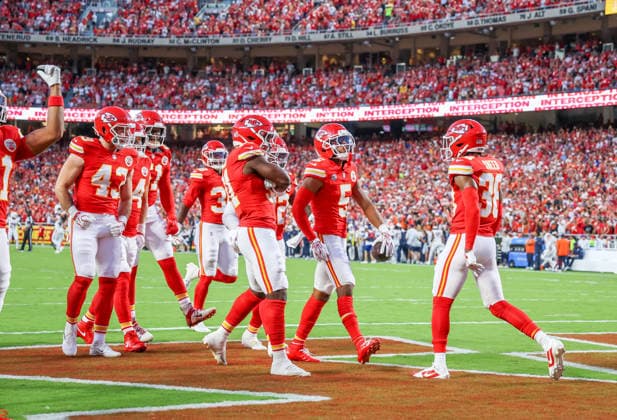 Sep 14, 2026: Kansas City Chiefs cornerback Mansoor Delane (5) gets the interception in the 1st quarter against the Denver Broncos Kansas City, MO, USA; at Arrowhead Stadium. Mandatory Credit: -Cal Media Kansas City USA - ZUMAc04_ 20260914_zma_c04_055 Copyright: xRomanxPunox