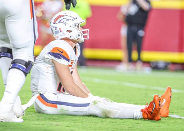 Sep 14, 2026: Denver Broncos quarterback Bo Nix (10) looks on after getting his pass deflected by Kansas City Chiefs linebacker Nick Bolton (32) in Kansas City, MO, USA; at Arrowhead Stadium. Mandatory Credit: -Cal Media Kansas City USA - ZUMAc04_ 20260914_zma_c04_086 Copyright: xRomanxPunox