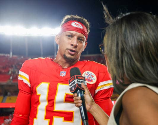 Sep 14, 2026: Kansas City Chiefs quarterback Patrick MahomesÃ‚ (15) gets interviewed after the game against the Denver Broncos in Kansas City, MO, USA; at Arrowhead Stadium. Mandatory Credit: -Cal Media Kansas City USA - ZUMAc04_ 20260914_zma_c04_106 Copyright: xRomanxPunox