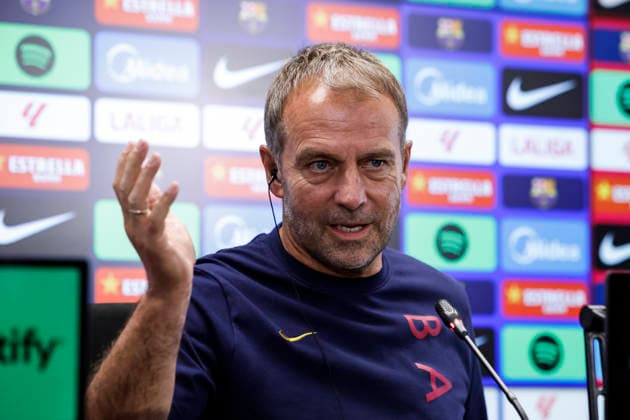 September 15, 2026, Sant Joan Despi, Barcelona, Spain: Hansi Flick, head coach of FC Barcelona, Barca attends his press conference, PK, Pressekonferenz during the training day of FC Barcelona ahead the Spanish League, LaLiga EA Sports, football match against Real Racing Club at Ciudad Esportiva Joan Gamper on September 15, 2026 in Sant Joan Despi, Barcelona, Spain. Sant Joan Despi Spain - ZUMAa181 20260915_zaa_a181_028 Copyright: xJavierxBorregox