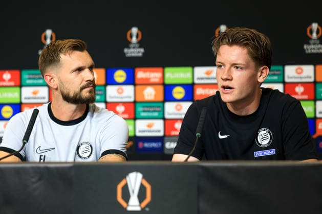 SOCCER - UEFA EL, Sturm vs Rennais GRAZ,AUSTRIA,15.SEP.26 - SOCCER - UEFA Europa League, Sturm Graz vs Stade Rennais FC, preview, press conference, PK, Pressekonferenz Sturm. Image shows head coach Fabio Ingolitsch and Luca Weinhandl (Sturm).  GEPAxpictures xMarioxBuehner-Weinrauch