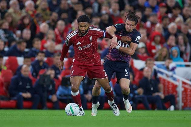 RECORD DATE NOT STATED Football - Football League Cup - 3rd Round - Liverpool FC v Tottenham Hotspur FC LIVERPOOL, ENGLAND - Tuesday, September 15, 2026: Liverpool s captain Joe Gomez is challenged by Tottenham Hotspur s Conor Gallagher (R) during the Football League Cup 3rd Round match between Liverpool FC and Tottenham Hotspur FC at Anfield. (Photo by David Rawcliffe Propaganda) LIVERPOOL Anfield MERSEYSIDE ENGLAND  Copyright: xDavidxRawcliffex 2026-09-15-Liverpool_v_Tottenham-046