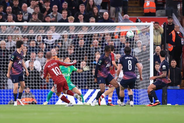 Football - Carabao Cup - 3rd Round - Liverpool v Tottenham Hotspur 15th September 2026 - Carabao Cup - 3rd Round - Liverpool v Tottenham Hotspur - Alexis Mac Allister of Liverpool scores their 1st goal - Photo: Simon Stacpoole Offside. Liverpool UK Copyright: xSimonxStacpoolexOffside