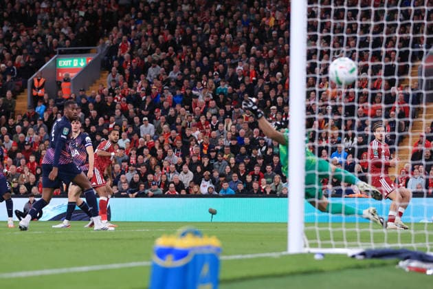 Football - Carabao Cup - 3rd Round - Liverpool v Tottenham Hotspur 15th September 2026 - Carabao Cup - 3rd Round - Liverpool v Tottenham Hotspur - Cody Gakpo of Liverpool scores their 2nd goal - Photo: Simon Stacpoole Offside. Liverpool UK Copyright: xSimonxStacpoolexOffside