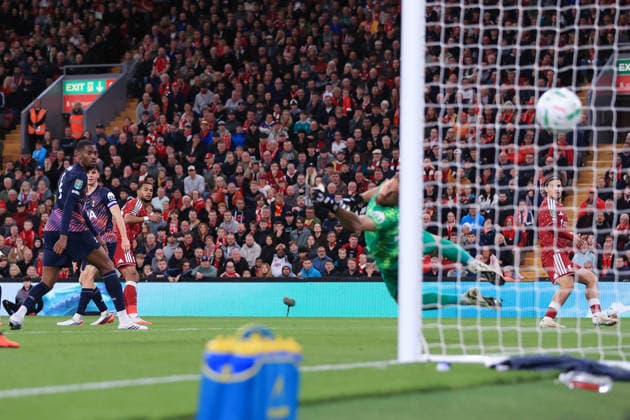 Football - Carabao Cup - 3rd Round - Liverpool v Tottenham Hotspur 15th September 2026 - Carabao Cup - 3rd Round - Liverpool v Tottenham Hotspur - Cody Gakpo of Liverpool scores their 2nd goal - Photo: Simon Stacpoole Offside. Liverpool UK Copyright: xSimonxStacpoolexOffside