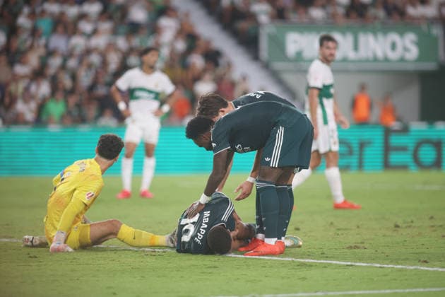 ESP: LaLiga EA Sports Elche CF v Real Madrid Kylian Mbappe of Real Madrid is attended to by the medical team after taking a knock upon scoring a goal during LaLiga EA Sports match between Elche CF v Real Madrid played at Martinez Valero Stadium, Elche on September 15 2026 in Spain Spain Soccer Copyright: xAgenciaxLOFx