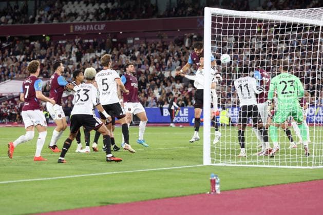 West Ham v Fulham 15 September 2026, London - Carabao Cup Third Round - West Ham United v Fulham - Konstantinos Mavropanos of West Ham United heads wide - Photo: Charlotte Wilson Offside. London UK Copyright: xCharlottexWilsonx xOffsidexOffside