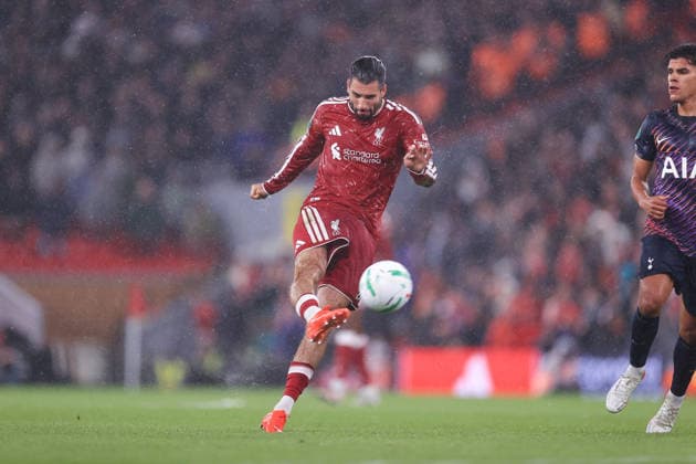 Football - Carabao Cup - 3rd Round - Liverpool v Tottenham Hotspur 15th September 2026 - Carabao Cup - 3rd Round - Liverpool v Tottenham Hotspur - Dominik Szoboszlai of Liverpool scores their 3rd goal - Photo: Simon Stacpoole Offside. Liverpool UK Copyright: xSimonxStacpoolexOffside