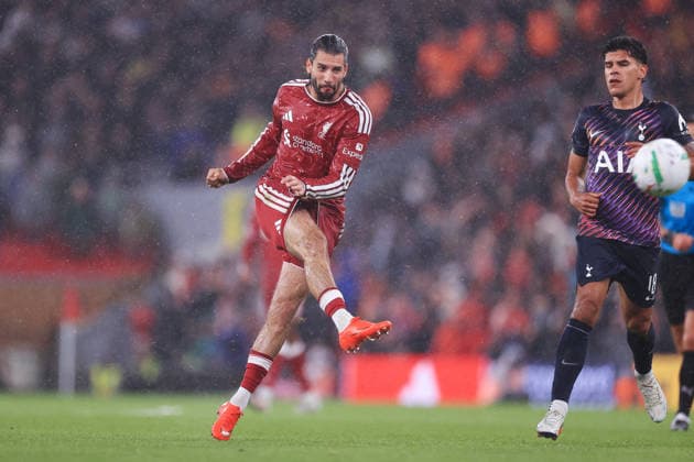 Football - Carabao Cup - 3rd Round - Liverpool v Tottenham Hotspur 15th September 2026 - Carabao Cup - 3rd Round - Liverpool v Tottenham Hotspur - Dominik Szoboszlai of Liverpool scores their 3rd goal - Photo: Simon Stacpoole Offside. Liverpool UK Copyright: xSimonxStacpoolexOffside