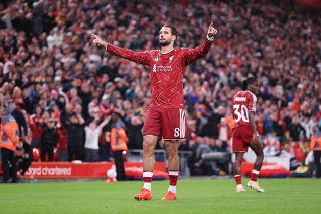 Football - Carabao Cup - 3rd Round - Liverpool v Tottenham Hotspur 15th September 2026 - Carabao Cup - 3rd Round - Liverpool v Tottenham Hotspur - Dominik Szoboszlai of Liverpool celebrates after scoring their 3rd goal - Photo: Simon Stacpoole Offside. Liverpool UK Copyright: xSimonxStacpoolexOffside