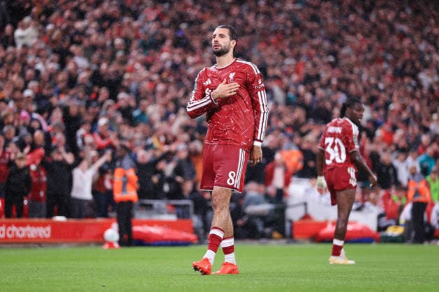 Football - Carabao Cup - 3rd Round - Liverpool v Tottenham Hotspur 15th September 2026 - Carabao Cup - 3rd Round - Liverpool v Tottenham Hotspur - Dominik Szoboszlai of Liverpool celebrates after scoring their 3rd goal - Photo: Simon Stacpoole Offside. Liverpool UK Copyright: xSimonxStacpoolexOffside