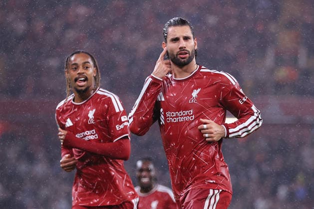 Football - Carabao Cup - 3rd Round - Liverpool v Tottenham Hotspur 15th September 2026 - Carabao Cup - 3rd Round - Liverpool v Tottenham Hotspur - Dominik Szoboszlai of Liverpool (R) celebrates with Bradley Barcola of Liverpool after scoring their 3rd goal - Photo: Simon Stacpoole Offside. Liverpool UK Copyright: xSimonxStacpoolexOffside