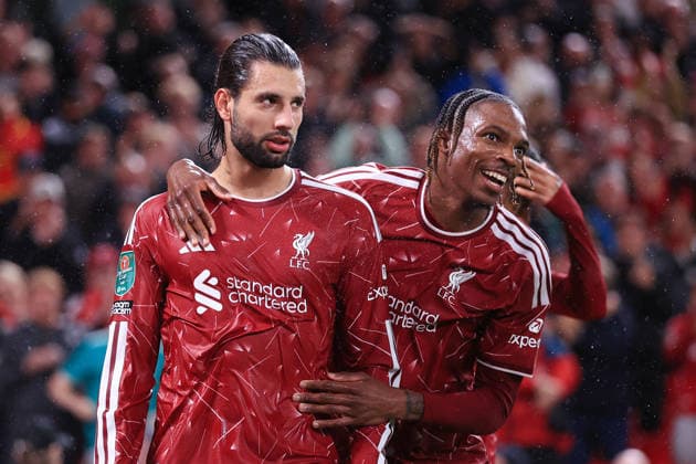 Football - Carabao Cup - 3rd Round - Liverpool v Tottenham Hotspur 15th September 2026 - Carabao Cup - 3rd Round - Liverpool v Tottenham Hotspur - Dominik Szoboszlai of Liverpool (L) celebrates with Jeremy Jacquet of Liverpool after scoring their 3rd goal - Photo: Simon Stacpoole Offside. Liverpool UK Copyright: xSimonxStacpoolexOffside