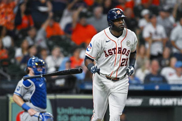 September 15, 2026: Houston Astros designated hitter Yordan Alvarez tosses his bat after hitting a home run during the fifth inning of a MLB, Baseball Herren, USA game against the Kansas City Royals at Daikin Park in Houston, TX. Austin McAfee CSM Houston USA - ZUMAc04_ 20260915_zma_c04_065 Copyright: xAustinxMcafeex