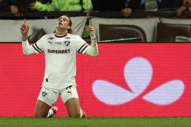 Fluminense s Uruguayan forward Agustin Canobbio celebrates after scoring a goal during the second leg of the CONMEBOL Copa Libertadores quarter-final match between Platense of Argentina and Fluminense of Brazil, at Ciudad de Vicente Lopez Stadium in Buenos Aires, Argentina, on September 15, 2026. Fluminense won by 2-1 and qualify to semifinals. BUENOS AIRES ARGENTINA Copyright: xPHOTOXPHOTOx