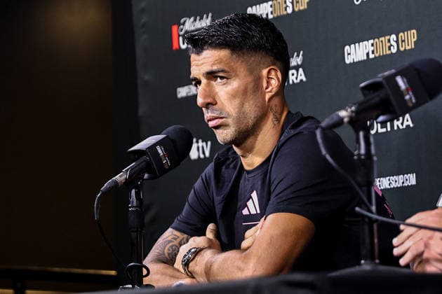 FORT LAUDERDALE, FL - SEPTEMBER 15: Forward Luis Suarez (9) of Inter Miami CF speaks to the media at the Inter Miami Stadium ahead of the 2026 Michelob ULTRA Campeones Cup on September 15, 2026 in Fort Lauderdale, Florida. (Photo by Chris Arjoon Icon Sportswire) SOCCER: SEP 15 Inter Miami CF Training EDITORIAL USE ONLY Icon2609150000051