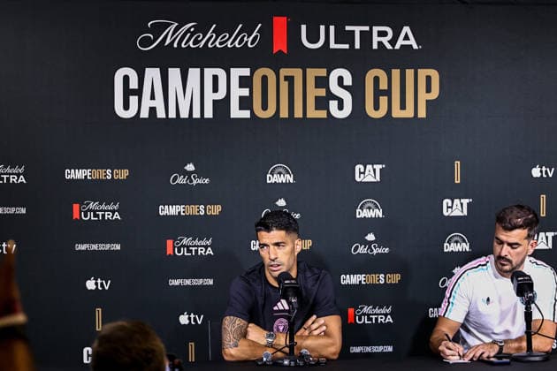 FORT LAUDERDALE, FL - SEPTEMBER 15: Forward Luis Suarez (9) of Inter Miami CF speaks to the media at the Inter Miami Stadium ahead of the 2026 Michelob ULTRA Campeones Cup on September 15, 2026 in Fort Lauderdale, Florida. (Photo by Chris Arjoon Icon Sportswire) SOCCER: SEP 15 Inter Miami CF Training EDITORIAL USE ONLY Icon2609150000054