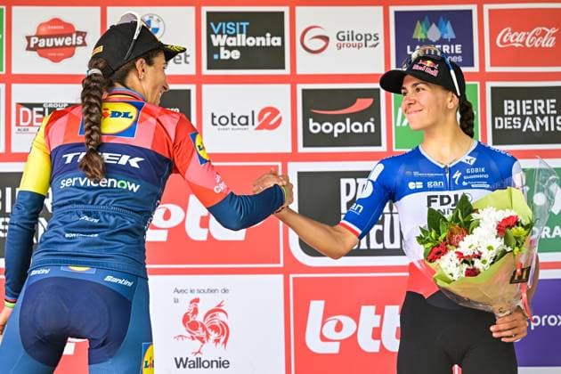 Italian Elisa Balsamo of Lidl-Trek and French Celia Gery of FDJ United-SUEZ pictured on the podium after the one day cycling race Grand Prix de Wallonie 2026 (127,5 km), in Namur, on Wednesday 16 September 2026. DAVIDxPINTENS  x186635962x