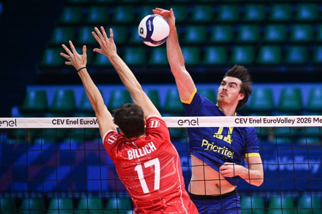 260916 Patrik Johansson of Sweden and Andrej Billich of Slovakia during the CEV EuroVolley 2026 group stage volleyball match between Sweden and Slovakia on September 16, 2026 in Modena. Photo: Matteo Gribaudi BILDBYRAN COP 18 XY0130 volleyboll volleyball volleyboll-em sverige slovakien cev eurovolley 2026 sweden slovakia bbeng Copyright: MATTEOxGRIBAUDI BB260916BB143