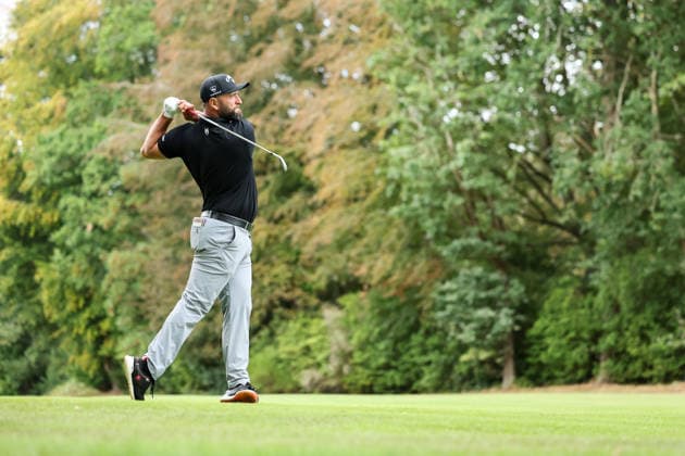 RECORD DATE NOT STATED 16th September 2026; Wentworth Golf Club, Virginia Water, Surrey, England; DP World Tour Golf, BMW PGA, Golf Herren Championship, Pro Am; Jon Rahm of Spain plays a shot at the 15th hole HenningxVonxJagow