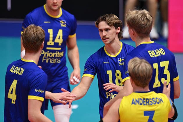 260916 Axel Algulin, Oskar von Sydow and Axel Enlund of Sweden during the CEV EuroVolley 2026 group stage volleyball match between Sweden and Slovakia on September 16, 2026 in Modena. Photo: Matteo Gribaudi BILDBYRAN COP 18 XY0130 volleyboll volleyball volleyboll-em sverige slovakien cev eurovolley 2026 sweden slovakia bbeng Copyright: MATTEOxGRIBAUDI BB260916BB176