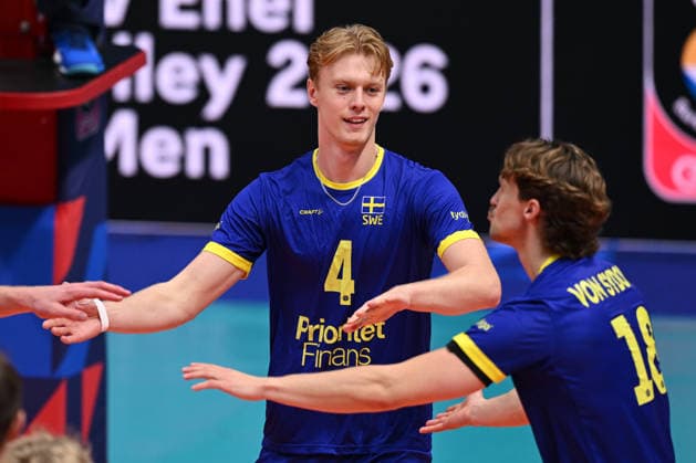260916 Axel Algulin and Oskar von Sydow of Sweden celebrate during the CEV EuroVolley 2026 group stage volleyball match between Sweden and Slovakia on September 16, 2026 in Modena. Photo: Matteo Gribaudi BILDBYRAN COP 18 XY0130 volleyboll volleyball volleyboll-em sverige slovakien cev eurovolley 2026 sweden slovakia bbeng jubel Copyright: MATTEOxGRIBAUDI BB260916BB177