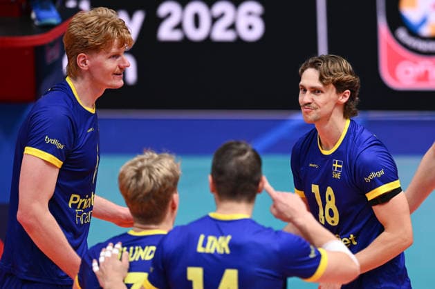 260916 Jacob Ekman, Oskar von Sydow and Axel Algulin of Sweden during the CEV EuroVolley 2026 group stage volleyball match between Sweden and Slovakia on September 16, 2026 in Modena. Photo: Matteo Gribaudi BILDBYRAN COP 18 XY0130 volleyboll volleyball volleyboll-em sverige slovakien cev eurovolley 2026 sweden slovakia bbeng Copyright: MATTEOxGRIBAUDI BB260916BB179
