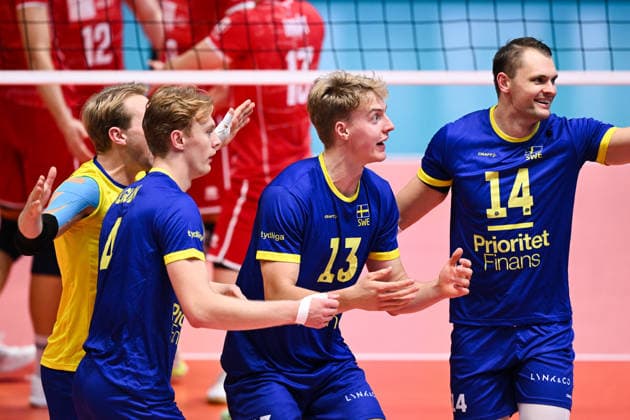 260916 Axel Algulin, Joel Andersson, Axel Enlund and Jacob Link of Sweden during the CEV EuroVolley 2026 group stage volleyball match between Sweden and Slovakia on September 16, 2026 in Modena. Photo: Matteo Gribaudi BILDBYRAN COP 18 XY0130 volleyboll volleyball volleyboll-em sverige slovakien cev eurovolley 2026 sweden slovakia bbeng Copyright: MATTEOxGRIBAUDI BB260916BB185