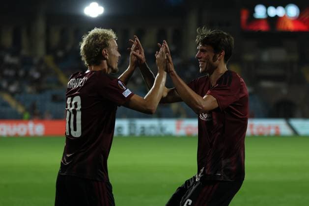 RECORD DATE NOT STATED UEFA Europa League: Ararat-Armenia v Sparta Praha YEREVAN, ARMENIA - SEPTEMBER 16: Tobias Guddal and Adam Karabec celebrates during the UEFA Europa League match at Vazgen Sargsyan Republican Stadium on September 16, 2026 in Yerevan, Armenia.