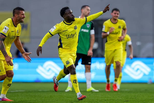 2026.09.16, xkwix, Fußball, 3.Liga, Preußen Muenster - 1. FC Saarbruecken, Preußenstadion, 6.Spieltag, Saison 2026 2027: Torjubel von Kelsey Owusu (1. FC Saarbruecken 31) nach Tor zum 0:2 DFB regulations prohibit any use of photographs as image sequences and or quasi-video. Photo: xKamilxWilkowskixPressefotoKochx Nordrhein-Westfalen Deutschland