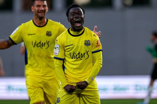 2026.09.16, xkwix, Fußball, 3.Liga, Preußen Muenster - 1. FC Saarbruecken, Preußenstadion, 6.Spieltag, Saison 2026 2027: Torjubel von Kelsey Owusu (1. FC Saarbruecken 31) nach Tor zum 0:2 DFB regulations prohibit any use of photographs as image sequences and or quasi-video. Photo: xKamilxWilkowskixPressefotoKochx Nordrhein-Westfalen Deutschland