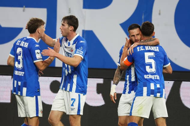 FC Hansa Rostock- VFB Stuttgart II Rostock, 16.09.2026, Fußball 3.Liga FC Hansa Rostock- VFB Stuttgart II 1-0 Jubel nach Tor von Leon Dajuku FC Hansa Rostock r. Rostock Ostseestadion Mecklenburg-Vorpommern Deutschland