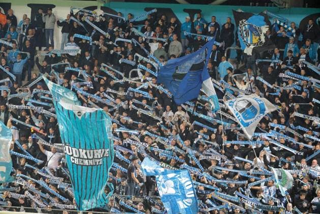 CFC vs SV Babelsberg 03 16.09..2026 Chemnitz, eins Stadion- An der Gellertstrasse, Fussball, Regionalliga Nordost 2026 2027, 9. Spieltag, CFC, CFC vs SV Babelsberg 03 CFC- Fans in der Südkurve Chemnitz Sachsen BRD
