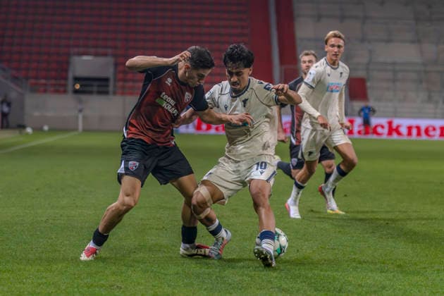 Ingolstadt, Deutschland 08. August 2026: 3. Liga - 2026 2027 - Sp. 6 - FC Ingolstadt 04 gegen TSG Hoffenheim II Im Bild: v. li. im Zweikampf Emre Gül Guel (FCI) und Yasin Zor (TSG II) DFB DFL regulations prohibit any use of photographs as image sequences and or quasi-video Audi Sportpark Bayern Copyright: xFotostandx xSchäferx