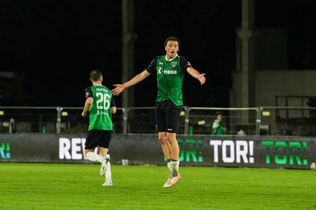 Deutschland: 3. Liga 2026 2027 6. Spieltag, SC Preußen Münster vs 1.FC Saarbrücken, Mittwoch, 16.09.2026 LVM-Preußenstadion (Münster, Nordrhein-Westfalen, Deutschland) Torjubel Freude Emotionen Tor durch Lucas Zeller (SC Preußen Münster, 5) zum 2:3 Samuel Althaus (SC Preußen Münster, 44) Copyright: xMerlexKölkingx