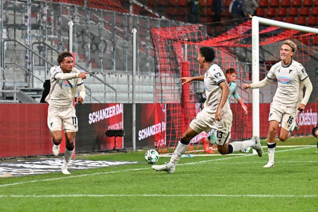 3. Liga; FC Ingolstadt - TSG 1899 Hoffenheim II; 16.09.2026 INGOLSTADT, GERMANY; 16. SEPTEMBER: Jubel der Gäste nach dem Treffer zum 1-2 durch Jykese FIELDS (TSG Hoffenheim II 11) während dem Match der 3. Liga zwischen dem FC Ingolstadt und der zweiten Mannschaft der TSG Hoffenheim am 6. Spieltag im Audi Sportpark Copyright: xBEAUTIFULxSPORTS Goldbergx