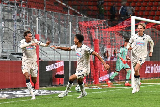 3. Liga; FC Ingolstadt - TSG 1899 Hoffenheim II; 16.09.2026 INGOLSTADT, GERMANY; 16. SEPTEMBER: Jubel der Gäste nach dem Treffer zum 1-2 durch Jykese FIELDS (TSG Hoffenheim II 11) während dem Match der 3. Liga zwischen dem FC Ingolstadt und der zweiten Mannschaft der TSG Hoffenheim am 6. Spieltag im Audi Sportpark Copyright: xBEAUTIFULxSPORTS Goldbergx