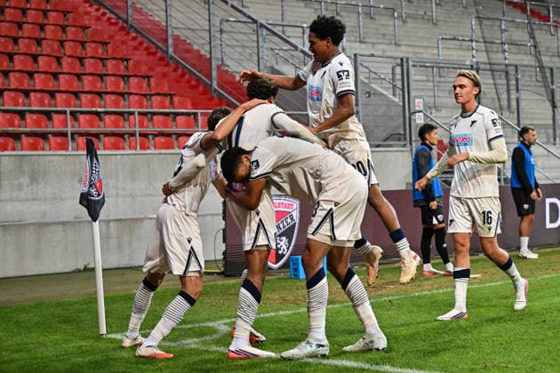 3. Liga; FC Ingolstadt - TSG 1899 Hoffenheim II; 16.09.2026 INGOLSTADT, GERMANY; 16. SEPTEMBER: Jubel der Gäste nach dem Treffer zum 1-2 durch Jykese FIELDS (TSG Hoffenheim II 11) während dem Match der 3. Liga zwischen dem FC Ingolstadt und der zweiten Mannschaft der TSG Hoffenheim am 6. Spieltag im Audi Sportpark Copyright: xBEAUTIFULxSPORTS Goldbergx